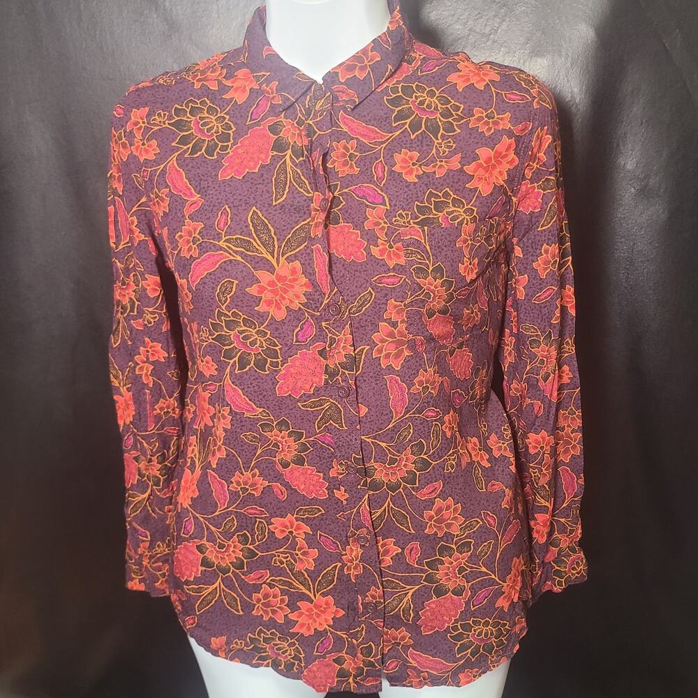 beachLunchLounge purple Red orange floral print button-down shirt size XL